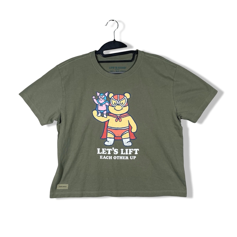 Life is Good Crusher Tee Womens Medium Green Lucha Libre Winnie the Pooh Piglet